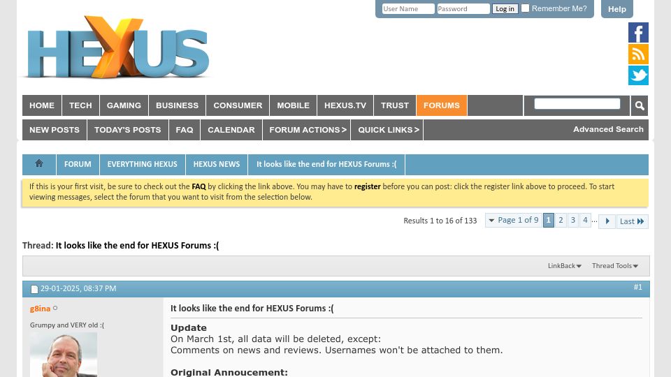 Screenshot of forums.hexus.net: Forum with 2.6M posts being deleted due to UK Online Safety Act