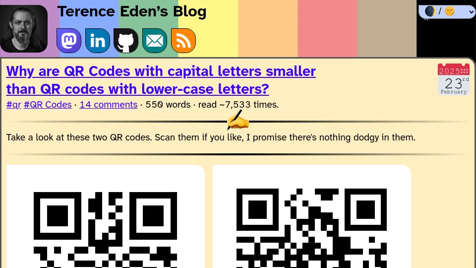 Screenshot of shkspr.mobi: Why are QR Codes with capital letters smaller than QR codes with lower case?