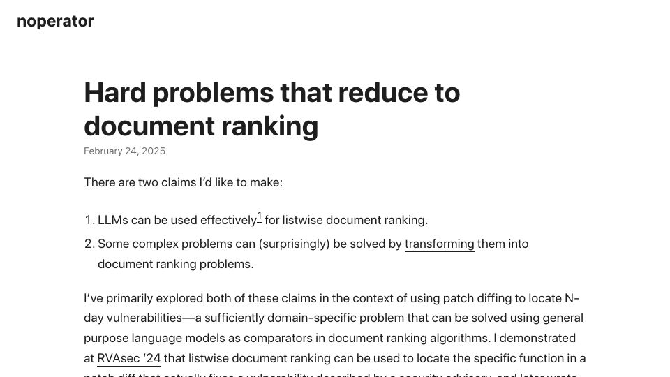 Screenshot of noperator.dev: Hard problems that reduce to document ranking