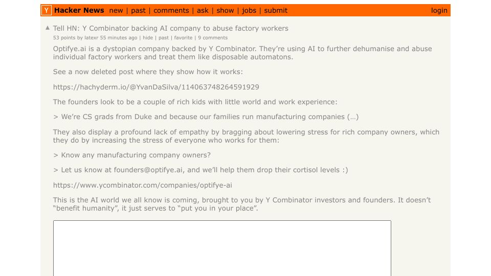 Screenshot of Hacker News post: Tell HN: Y Combinator backing AI company to abuse factory workers