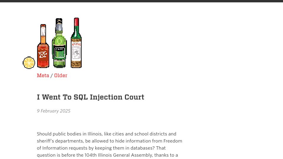 Screenshot of sockpuppet.org: I Went to SQL Injection Court