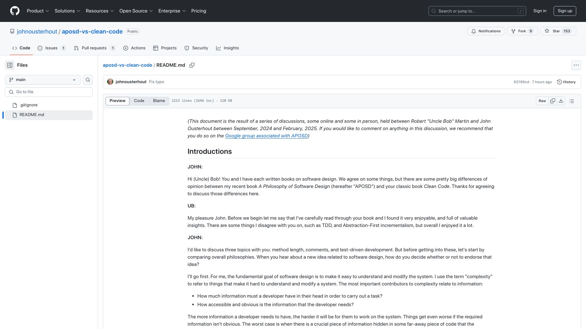 Screenshot of github.com: Clean Code vs. A Philosophy Of Software Design