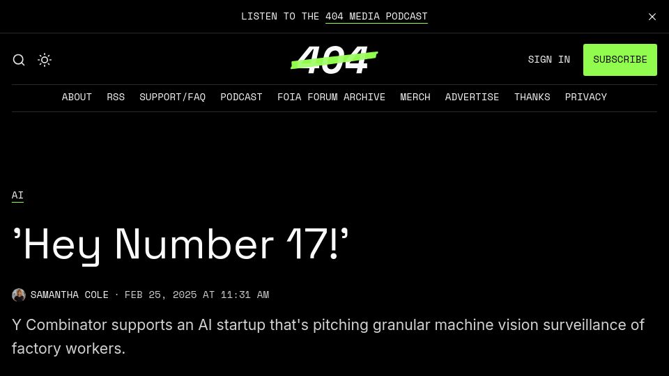 Screenshot of 404media.co: 'Hey Number 17 '