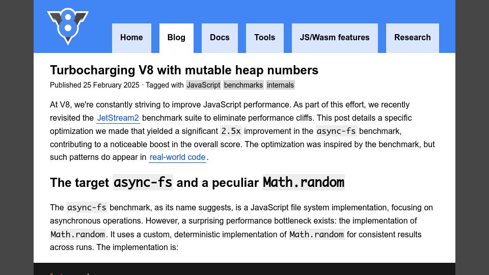 Screenshot of v8.dev: Turbocharging V8 with mutable heap numbers · V8