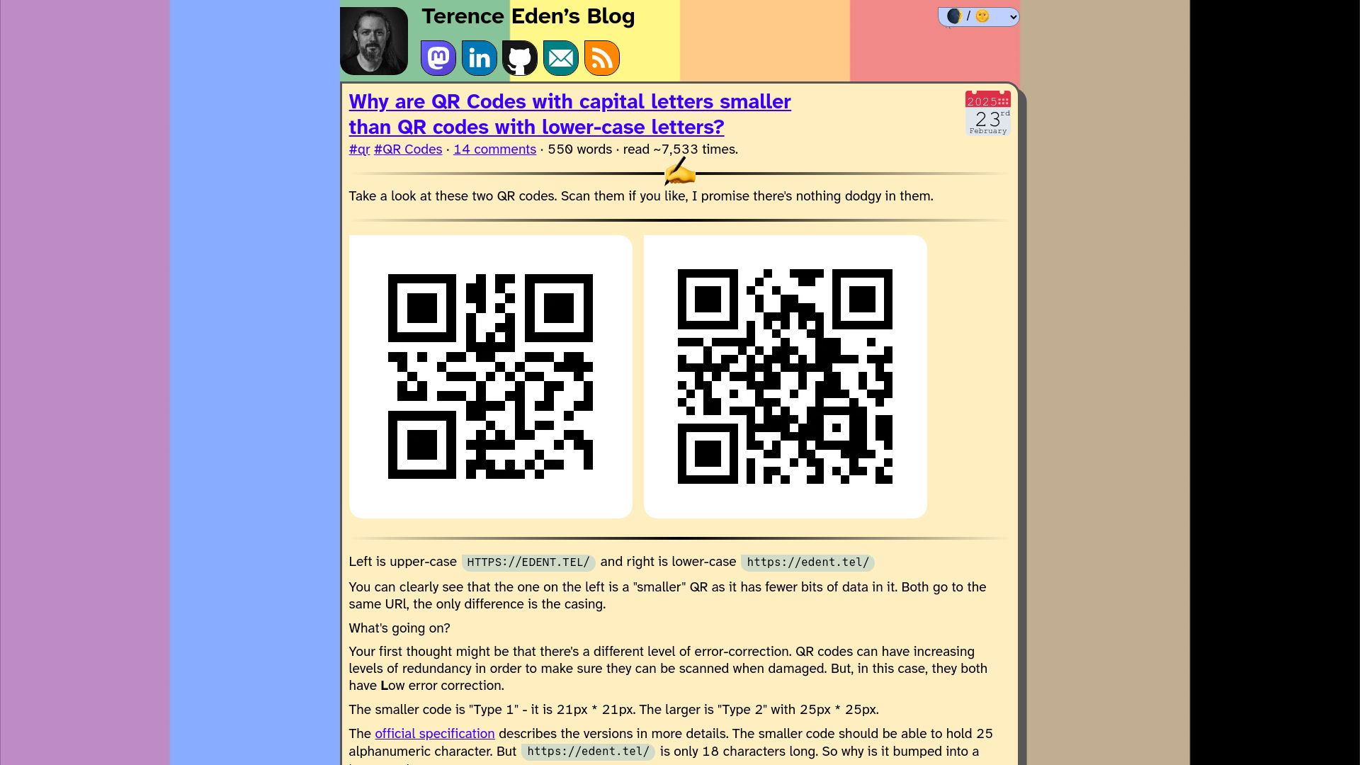 Screenshot of shkspr.mobi: Why are QR Codes with capital letters smaller than QR codes with lower case?