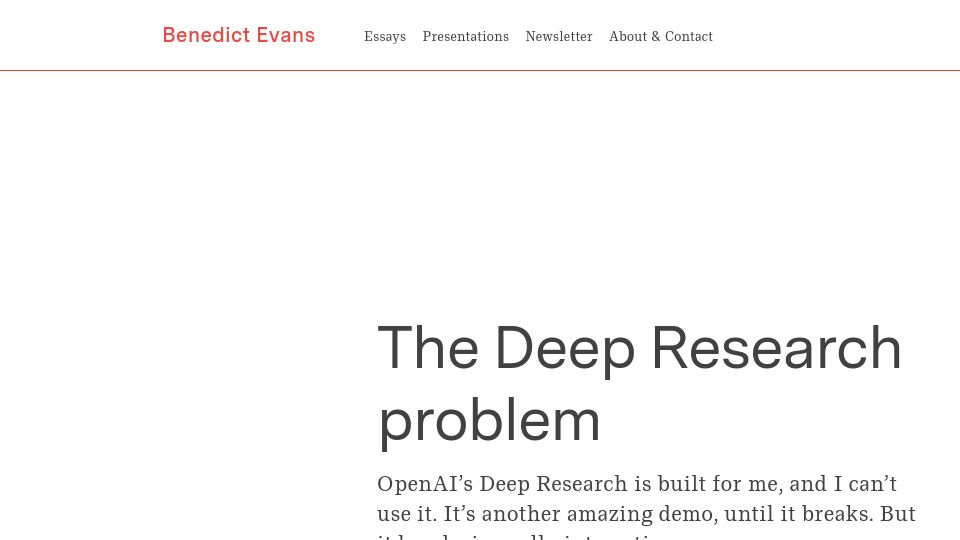 Screenshot of ben-evans.com: The Deep Research problem