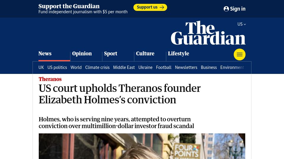 Screenshot of theguardian.com: US court upholds Theranos founder Elizabeth Holmes's conviction