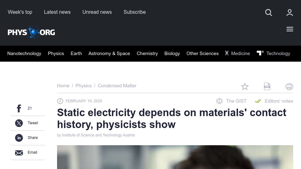 Screenshot of phys.org: Static electricity depends on materials' contact history