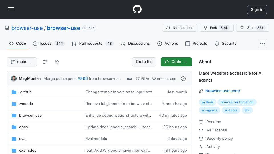 Screenshot of github.com: Launch HN: Browser Use (YC W25) – open-source web agents