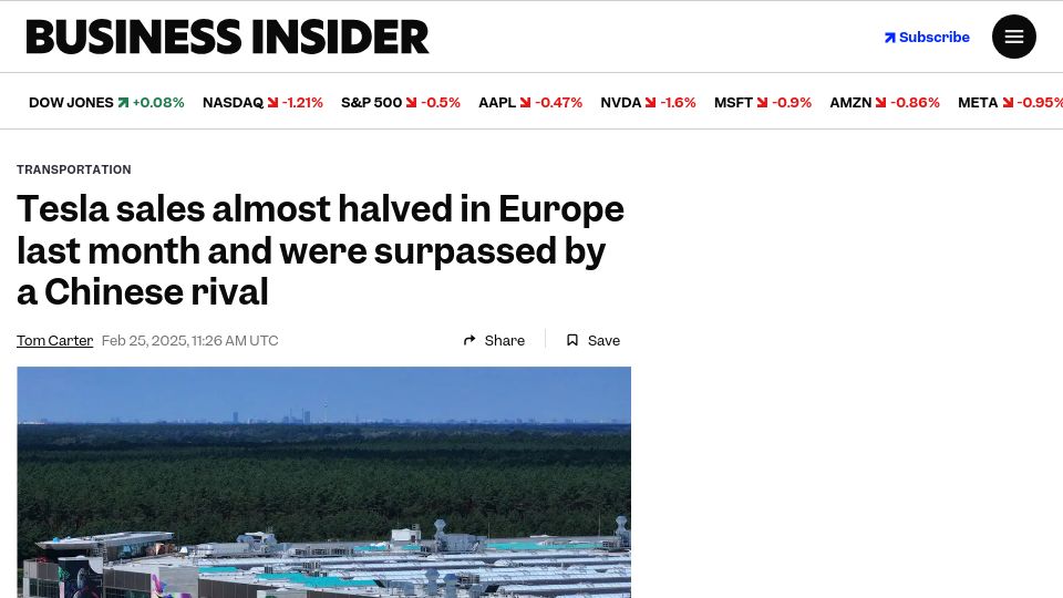 Screenshot of businessinsider.com: Tesla sales almost halved in Europe last month