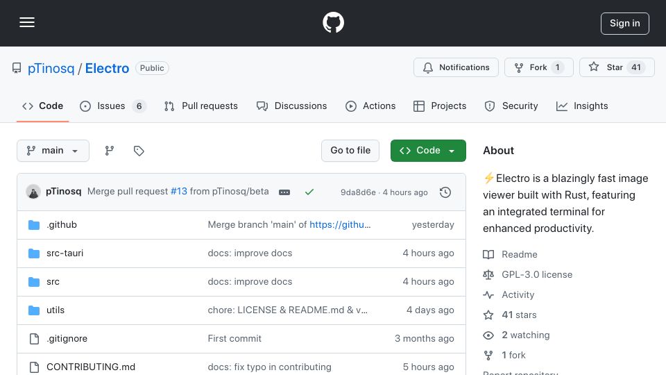 Screenshot of github.com: Show HN: Electro – A hyper-fast Windows image viewer with a built-in terminal