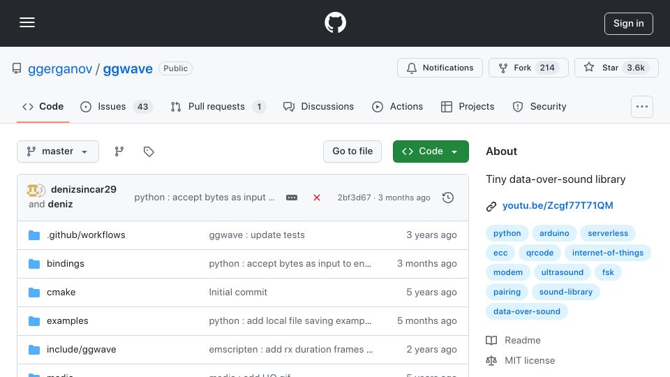 Screenshot of github.com: Ggwave: Tiny Data-over-Sound Library