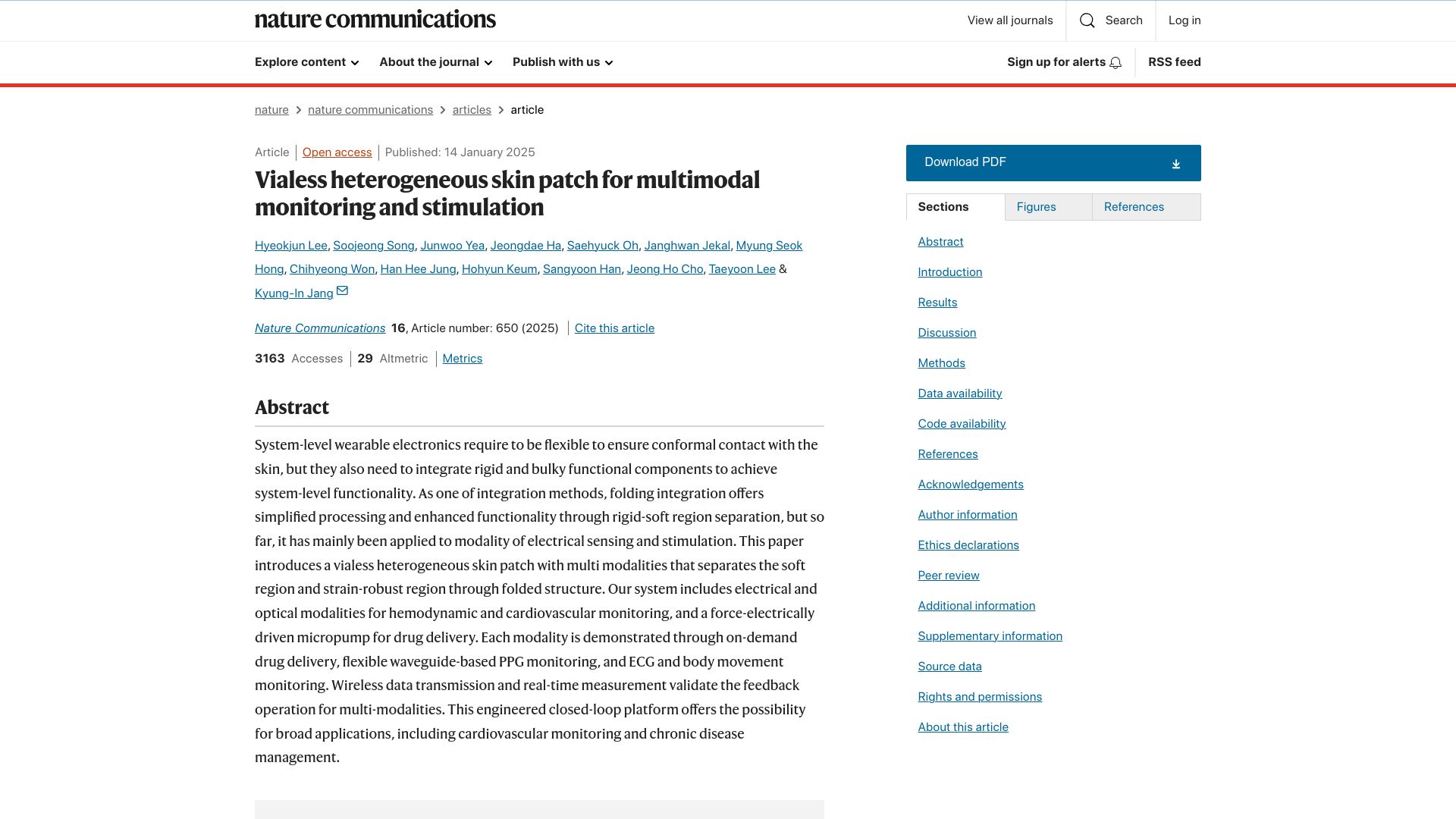 Screenshot of nature.com: Vialess heterogeneous skin patch for multimodal monitoring and stimulation