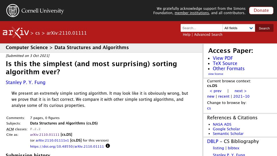 Screenshot of arxiv.org: Is this the simplest (and most surprising) sorting algorithm ever? (2021)