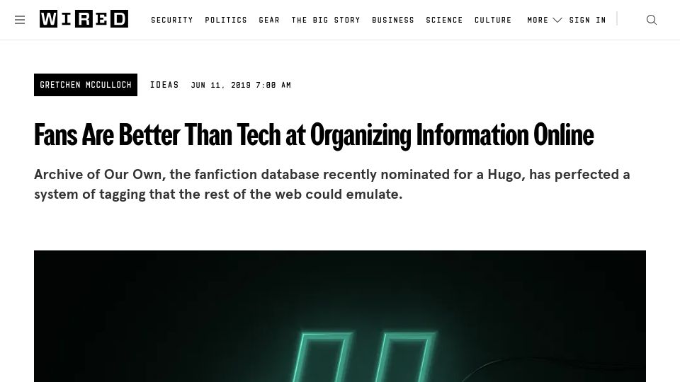 Screenshot of wired.com: Fans Are Better Than Tech at Organizing Information Online (2019)