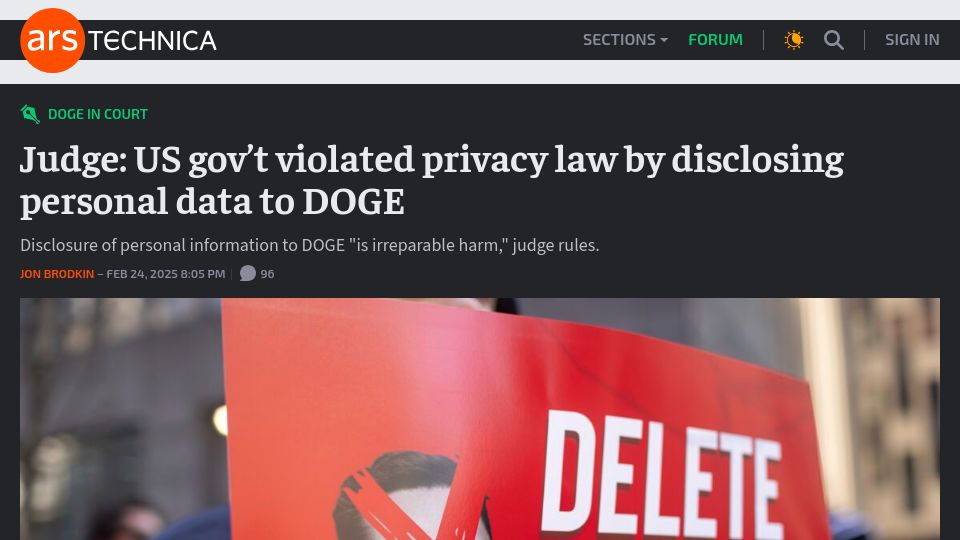 Screenshot of arstechnica.com: Disclosure of personal information to DOGE “is irreparable harm,” judge rules