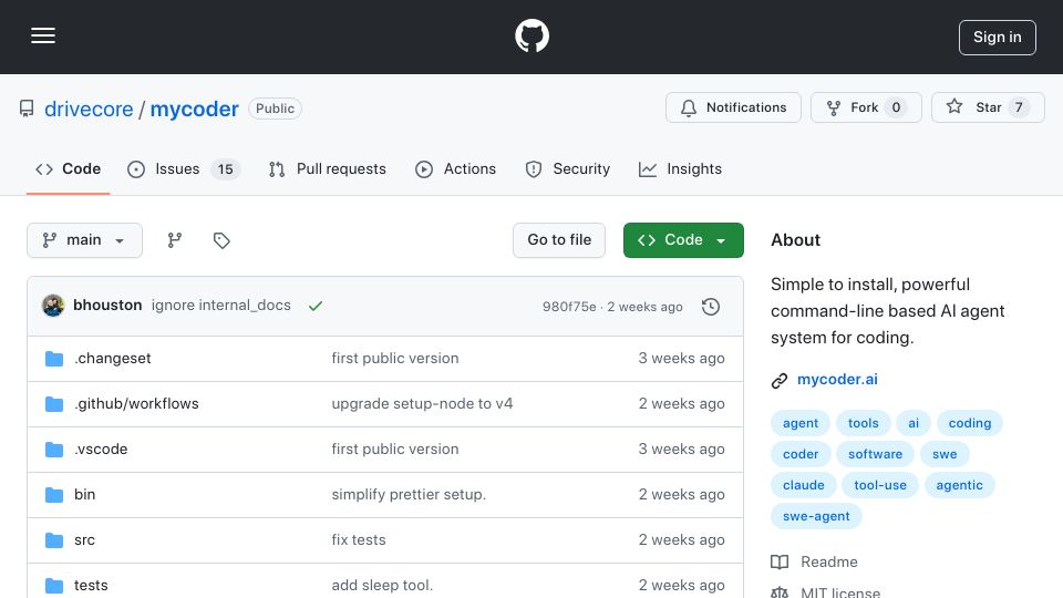 Screenshot of github.com: Show HN: MyCoder, an open source Claude-Code alternative