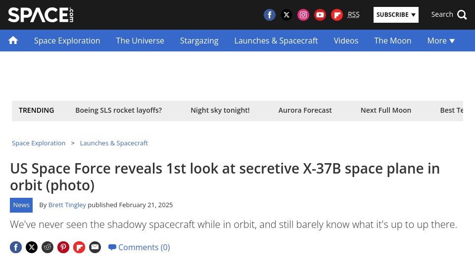 Screenshot of space.com: US Space Force reveals first look at secretive X-37B space plane in orbit