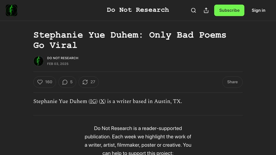 Screenshot of donotresearch.substack.com: Only bad poems go viral