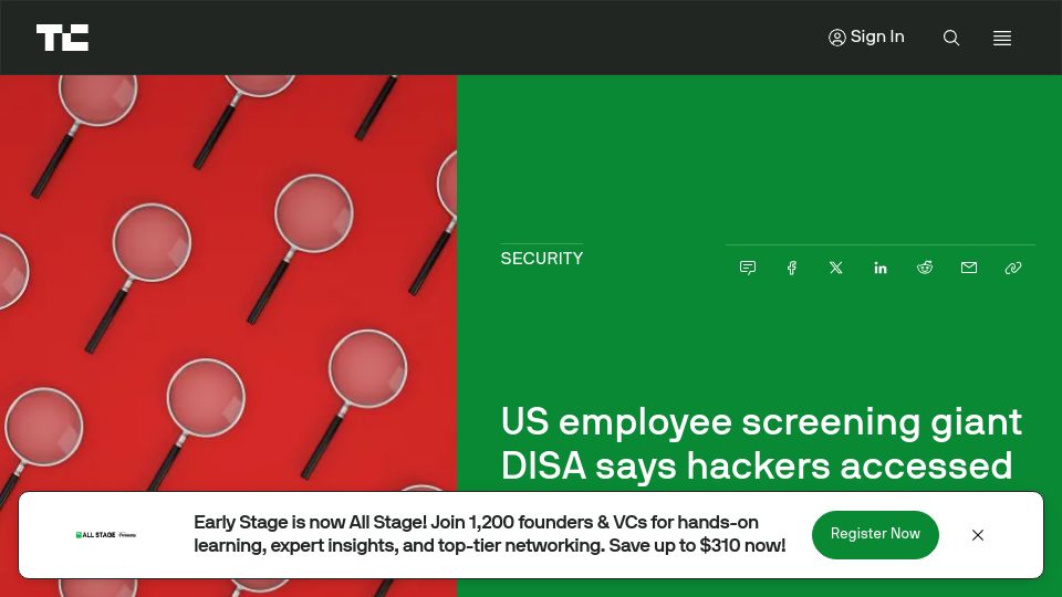 Screenshot of techcrunch.com: US employee screening giant DISA says hackers accessed data of 3M people