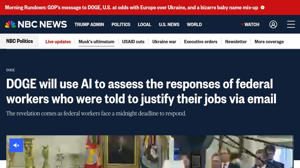 Screenshot of nbcnews.com: DOGE will use AI to assess the responses of federal workers