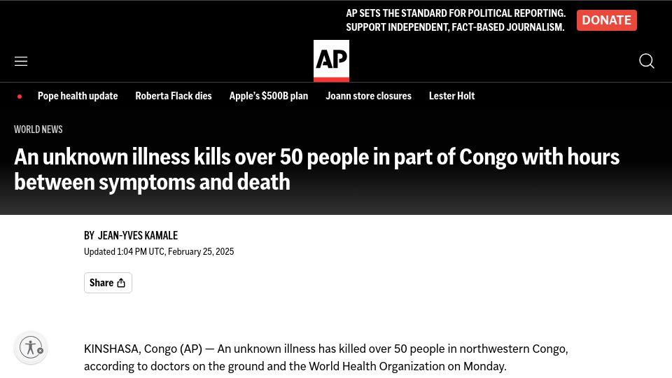 Screenshot of apnews.com: Unknown illness kills over 50 in Congo with hours between symptoms and death