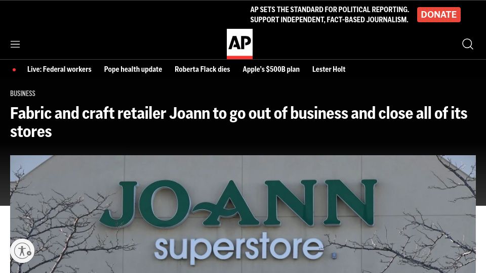 Screenshot of apnews.com: Fabric and craft retailer Joann to go out of business, close all of its stores