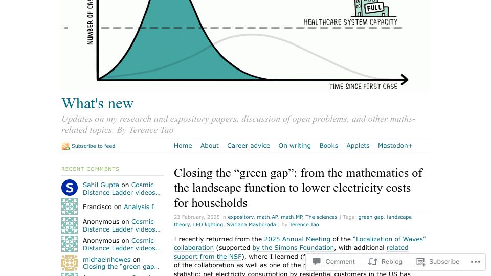 Screenshot of terrytao.wordpress.com: Closing the “green gap”: energy savings from the math of the landscape function