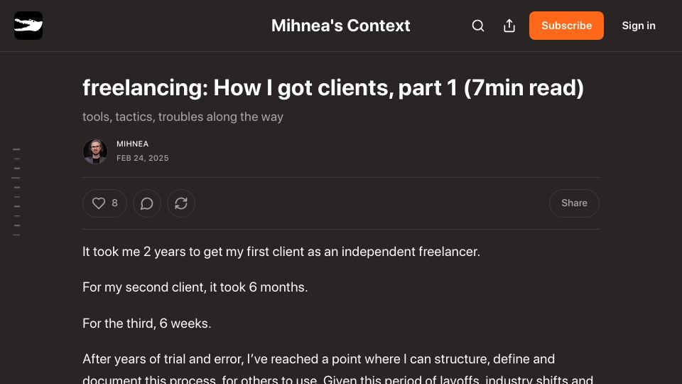 Screenshot of crocspace.substack.com: Freelancing: How I found clients, part 1
