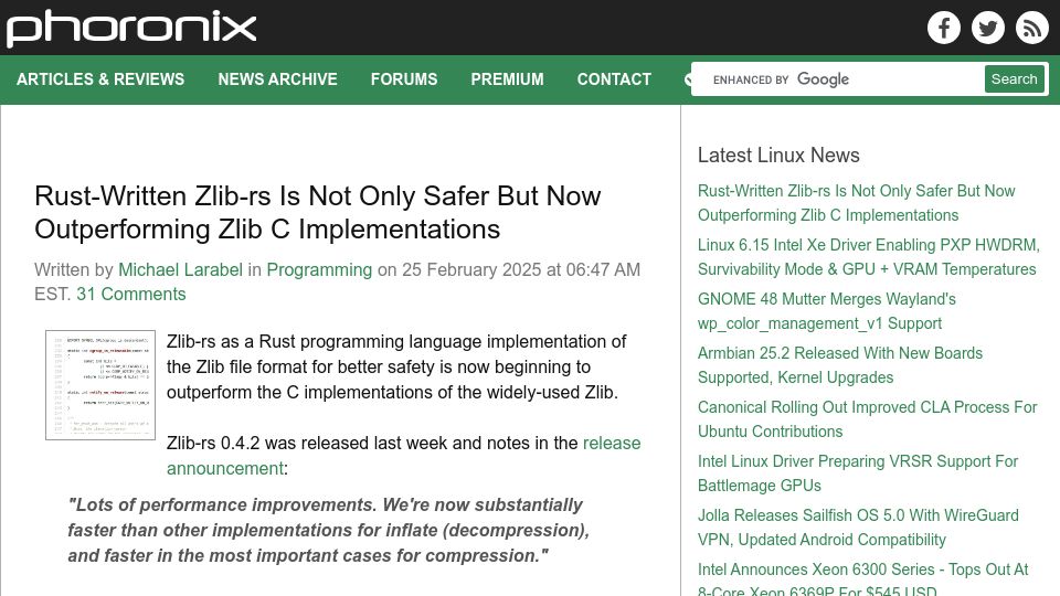 Screenshot of phoronix.com: Zlib-Rs Is Not Only Safer but Now Outperforming Zlib C Implementations