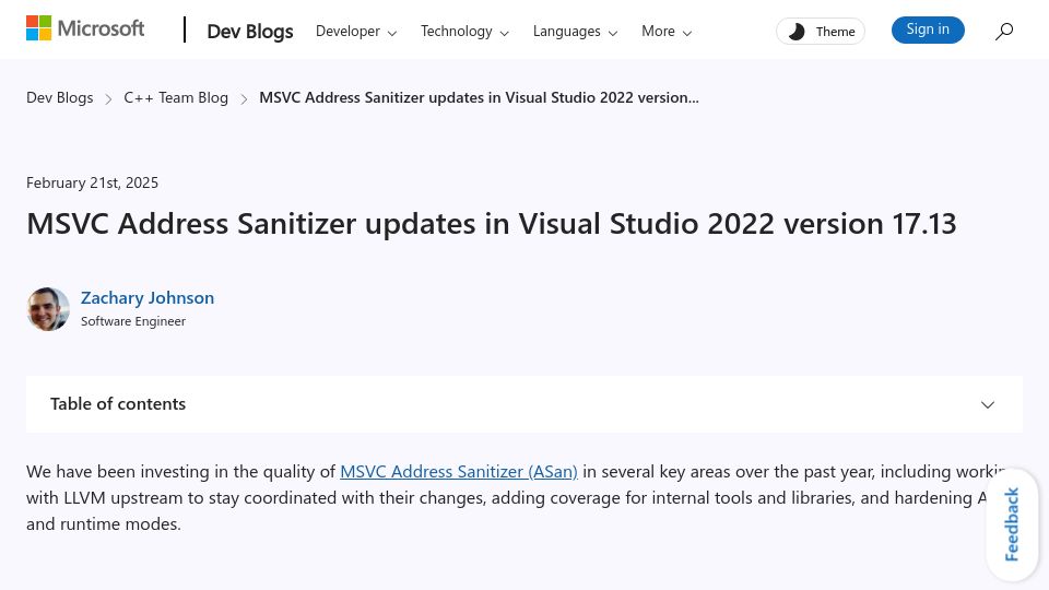 Screenshot of devblogs.microsoft.com: MSVC Address Sanitizer updates in Visual Studio 2022 version 17.13