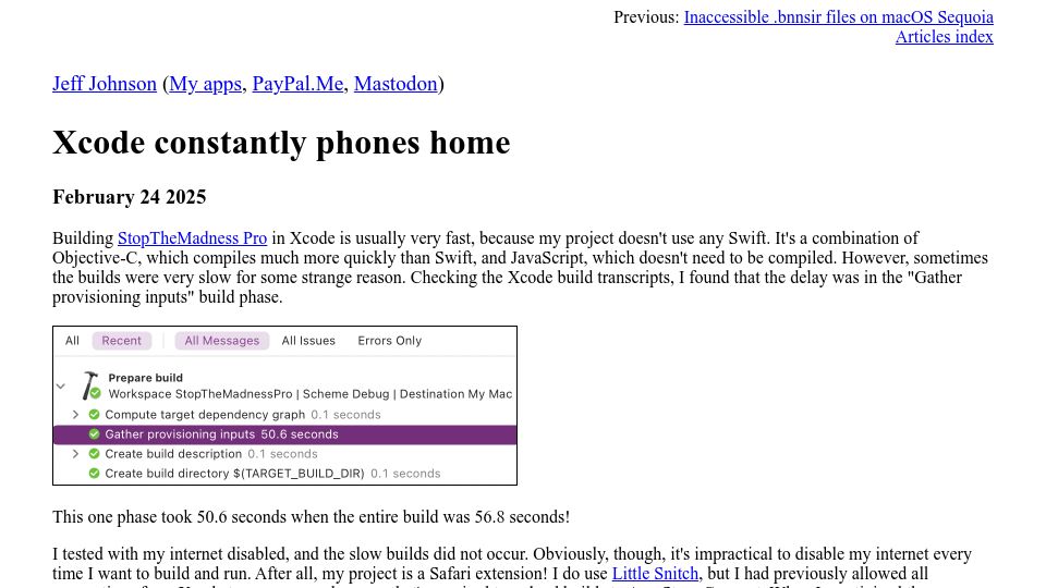 Screenshot of lapcatsoftware.com: Xcode Constantly Phones Home