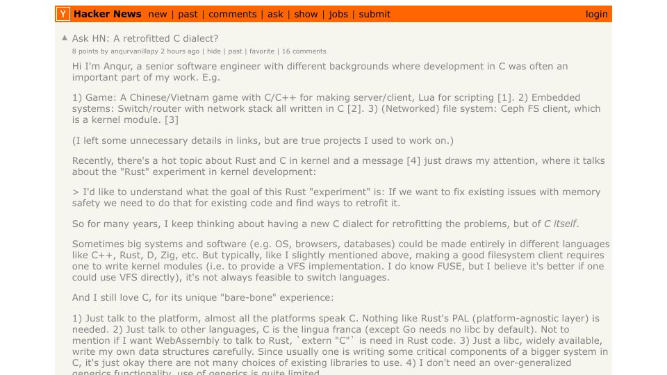 Screenshot of Hacker News post: Ask HN: A retrofitted C dialect?