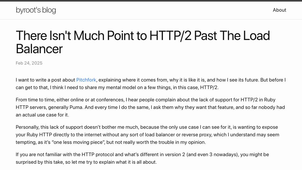 Screenshot of byroot.github.io: There isn't much point to HTTP/2 past the load balancer
