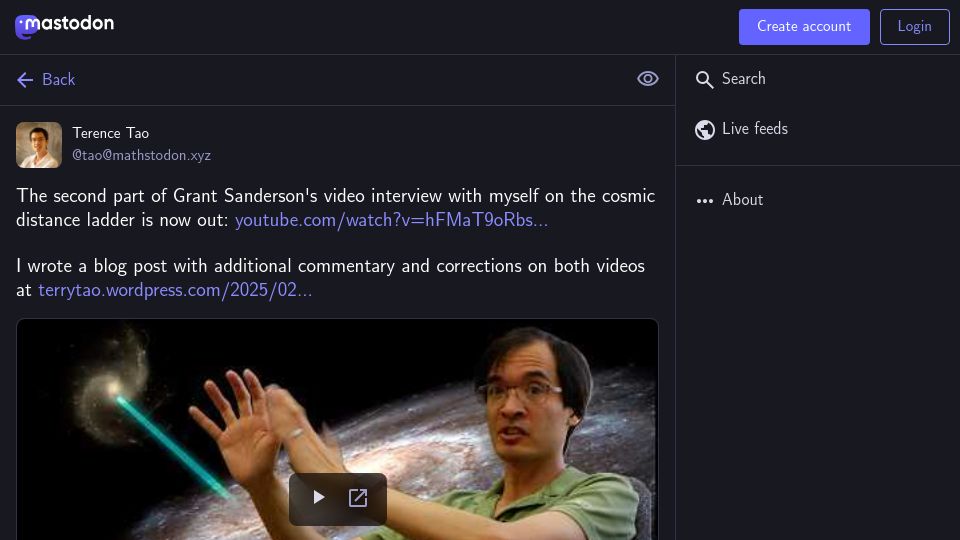 Screenshot of mathstodon.xyz: Part two of Grant Sanderson's video with Terry Tao on the cosmic distance ladder