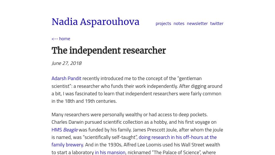 Screenshot of nadia.xyz: The independent researcher (2018)