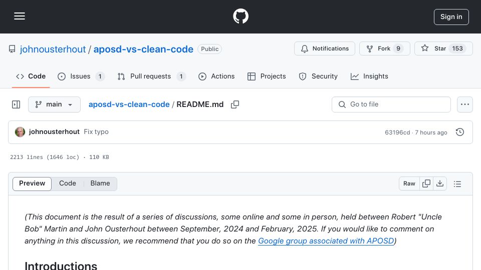 Screenshot of github.com: Clean Code vs. A Philosophy Of Software Design