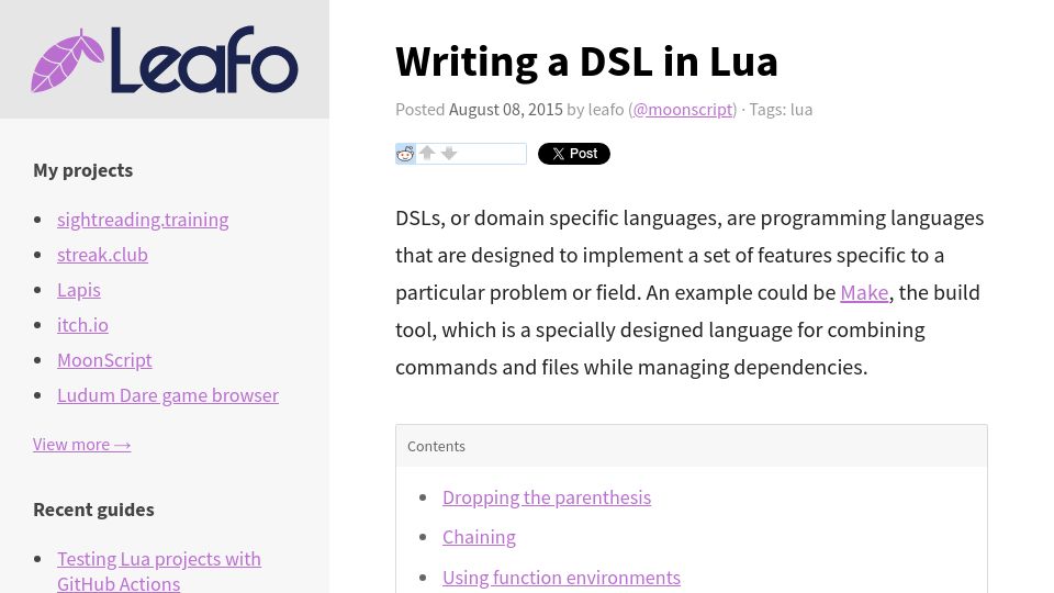 Screenshot of leafo.net: Writing a DSL in Lua (2015)