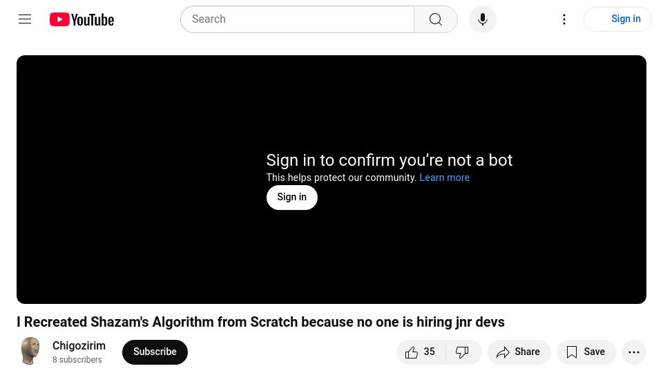 Screenshot of youtube.com: I recreated Shazam's algorithm with Go [video]