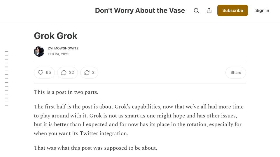 Screenshot of thezvi.substack.com: Grok Grok