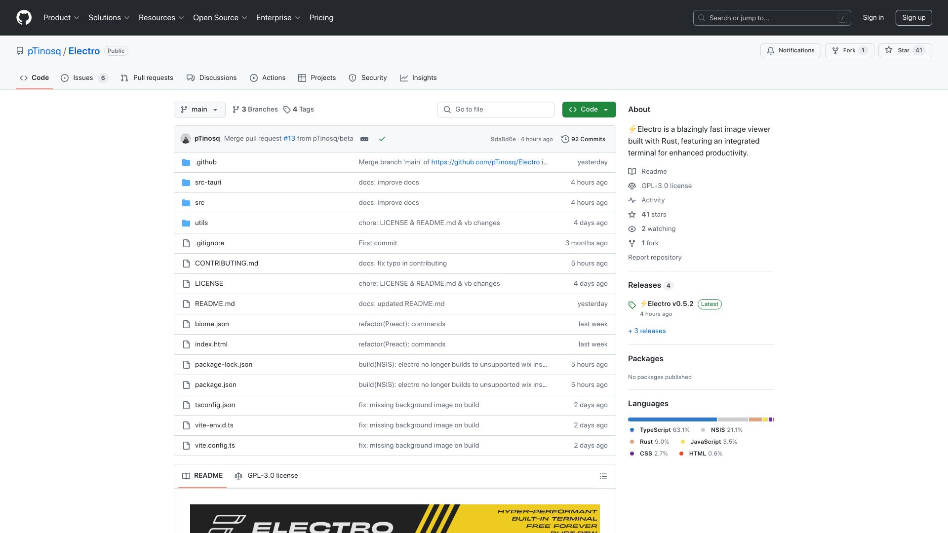 Screenshot of github.com: Show HN: Electro – A hyper-fast Windows image viewer with a built-in terminal