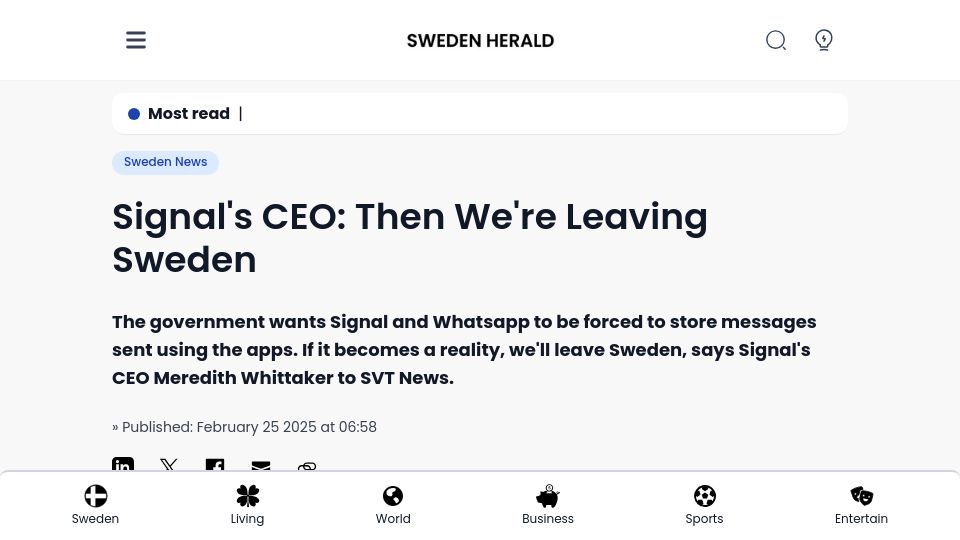 Screenshot of swedenherald.com: Signal to leave Sweden if backdoor law passes