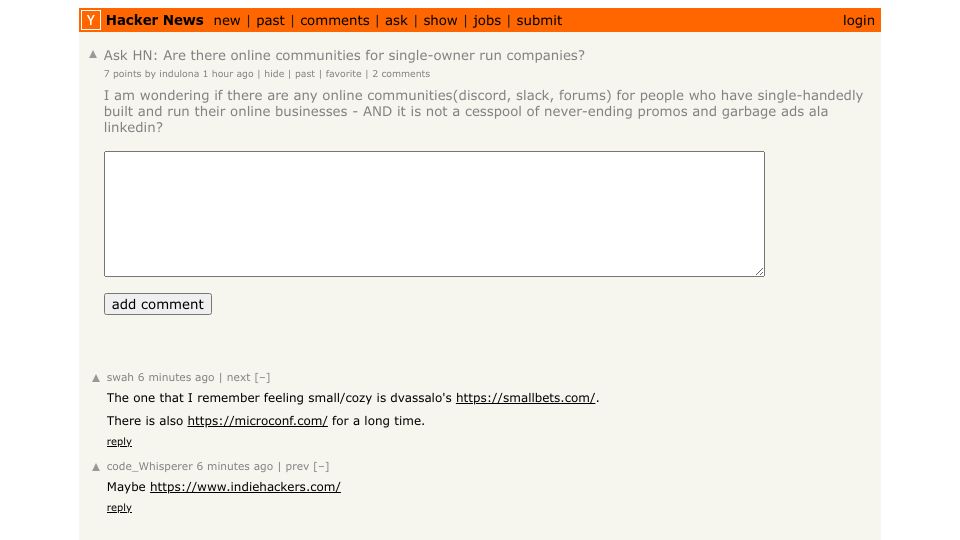 Screenshot of Hacker News post: Ask HN: Are there online communities for single-owner run companies?
