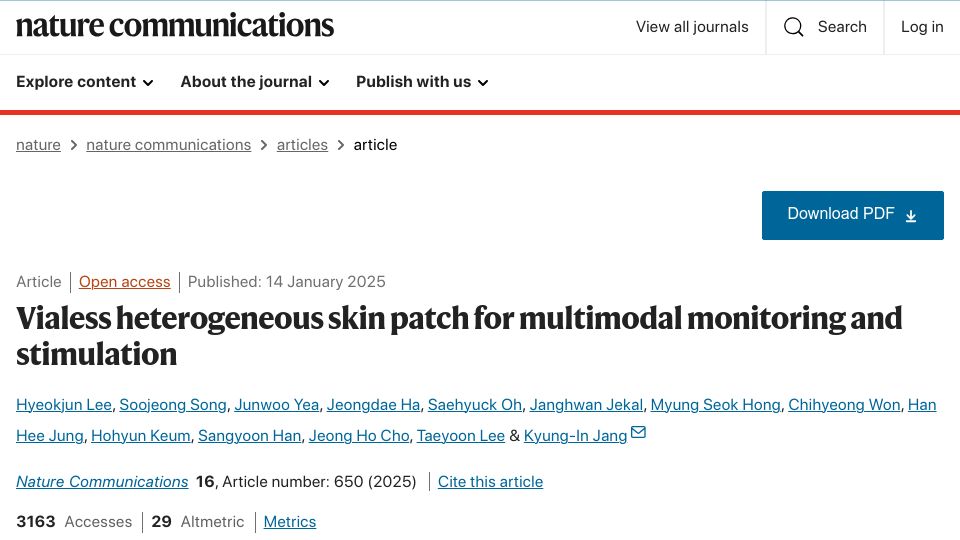 Screenshot of nature.com: Vialess heterogeneous skin patch for multimodal monitoring and stimulation