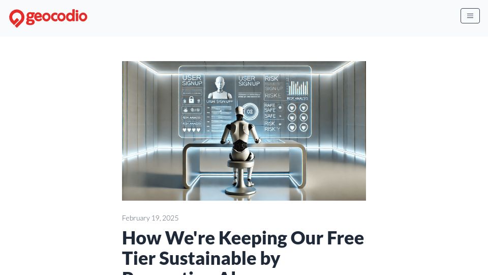 Screenshot of geocod.io: Keeping our free tier sustainable by preventing abuse