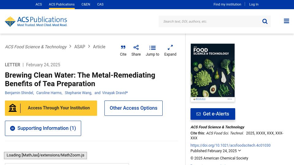 Screenshot of pubs.acs.org: Brewing Clean Water: The Metal-Remediating Benefits of Tea Preparation
