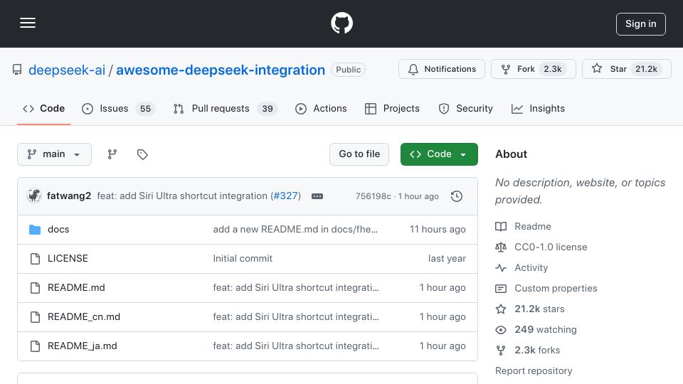 Screenshot of github.com: Awesome DeepSeek Integrations