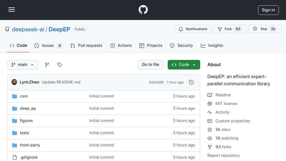Screenshot of github.com: DeepSeek open source DeepEP – library for MoE training and Inference