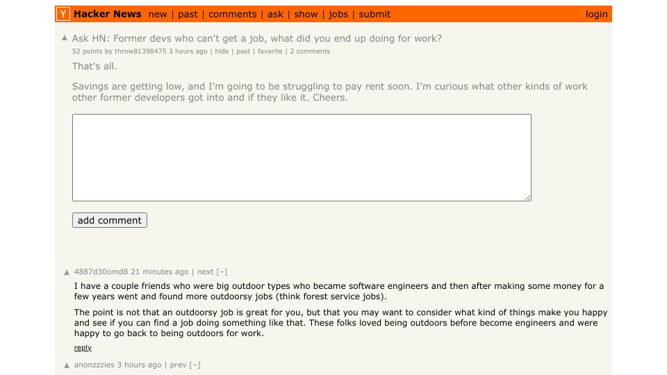 Screenshot of Hacker News post: Ask HN: Former devs who can't get a job, what did you end up doing for work?