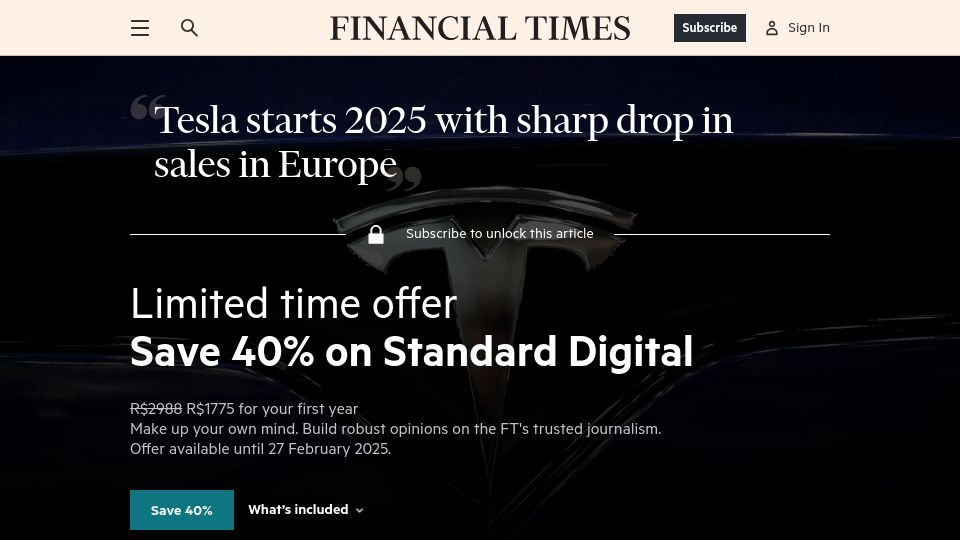 Screenshot of ft.com: Tesla sales in Europe down 45% in January